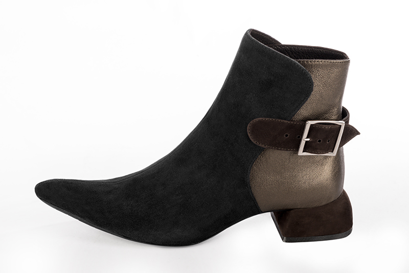 Matt black, bronze gold and dark brown women's ankle boots with buckles at the back. Tapered toe. Low flare heels. Profile view - Florence KOOIJMAN